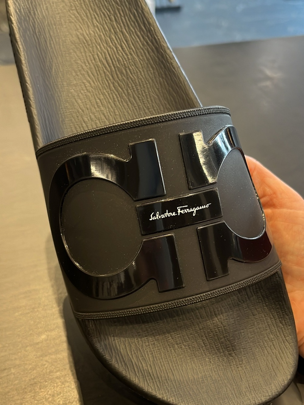 Salvatore Ferragamo Black Gloss Logo Slide